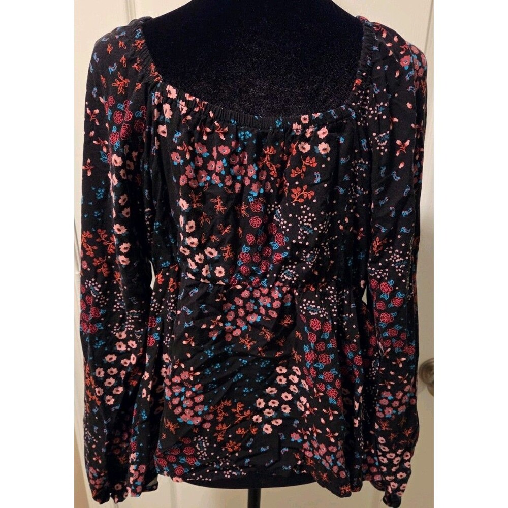Torrid Floral Babydoll Peplum Blouse Long Sleeve Black - Size 1 (14/16)